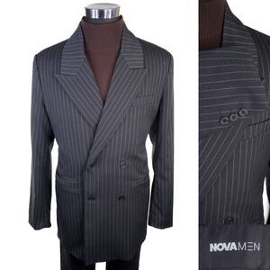 NOVA MEN Blazer Sport Coat Sz L (42L) Double Breasted Striped Gray Poly Jacket